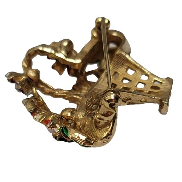 St. Labre Gold Tone Multicolor Enamel Clear Rhinestone Basket of Flowers Brooch - Picture 5 of 9